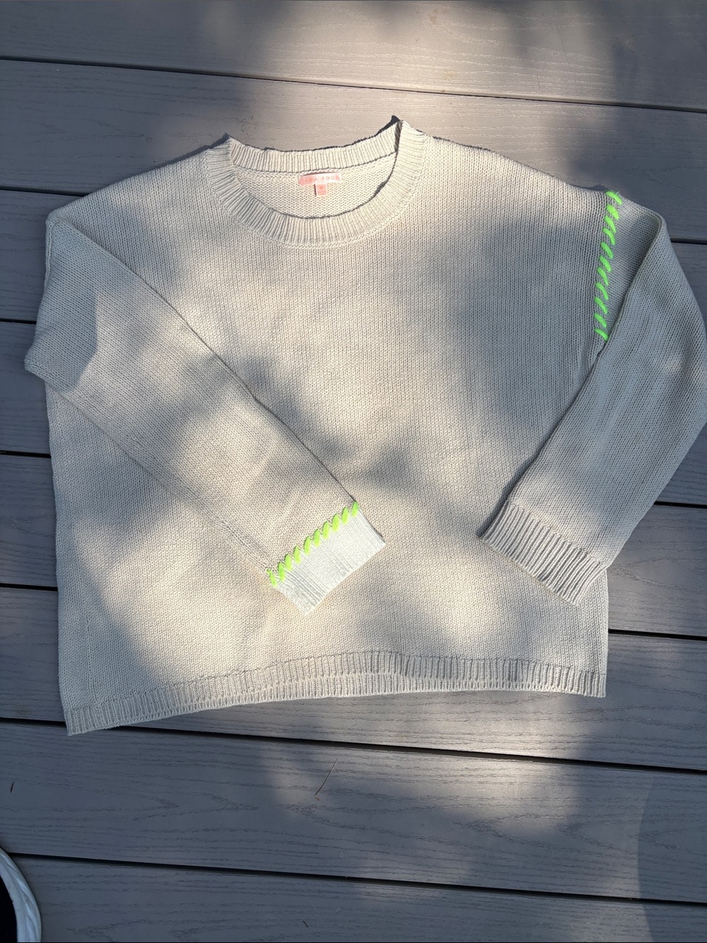 Lisa Todd Cream Crewneck Sweater with Neon Green Stitching and turquoise heart s